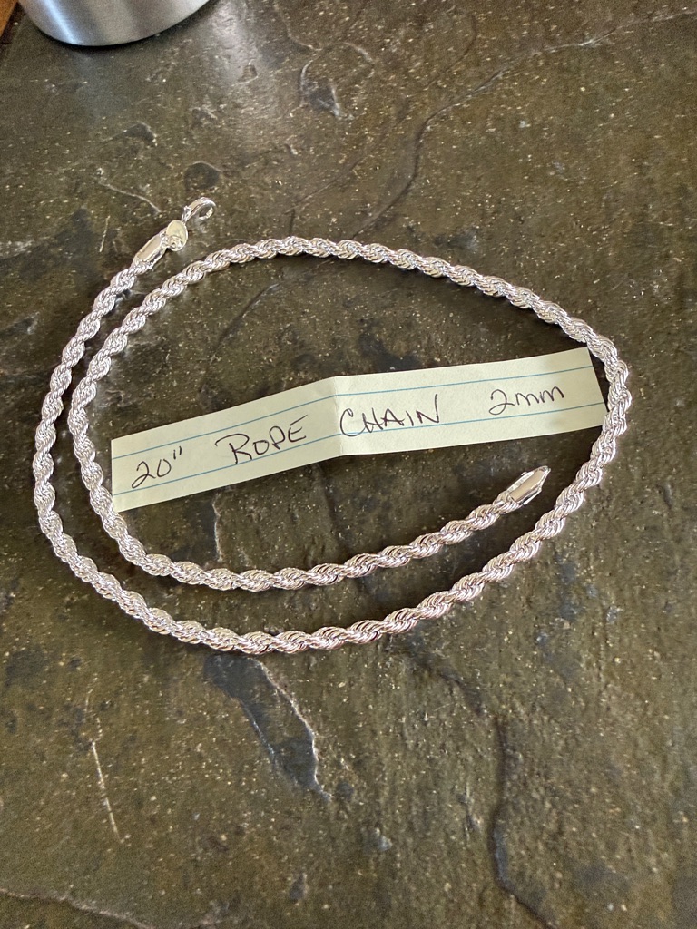 Sterling Silver 20" Rope Chain Necklace - 2mm. .925 Solid Sterling.